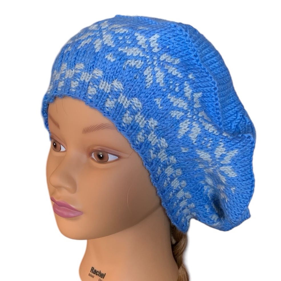 Fair Isle Snowflake Wool Hand Knit Beret  Brand New
